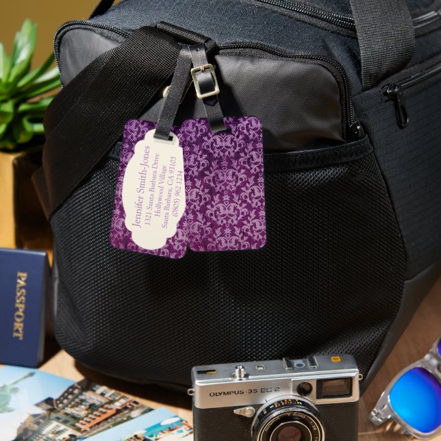 Étiquette À Bagage Violet et crème à motifs botaniques (Recto & Verso)