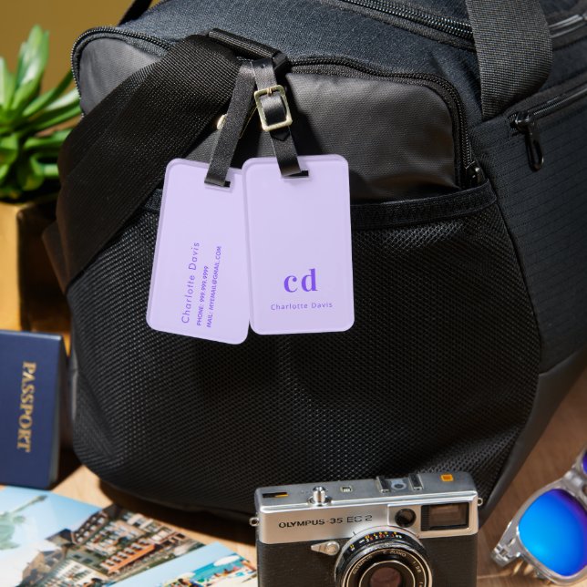 Étiquette À Bagage Violet lavande monogramme initiales nom moderne (Recto & Verso)