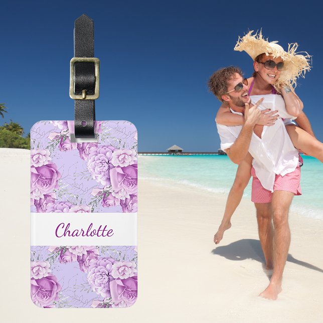 Étiquette À Bagage Violet rose roses fleurs blanc nom (Créateur téléchargé)
