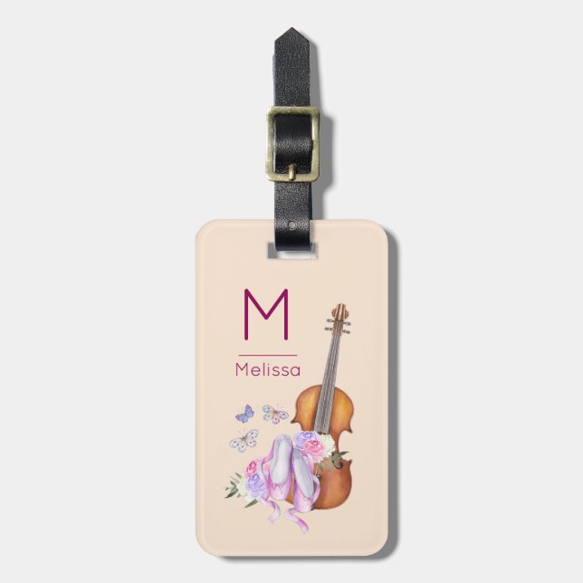 Étiquette À Bagage Violon, Chaussures de Ballet, Fleurs et Papillons (Devant Vertical)