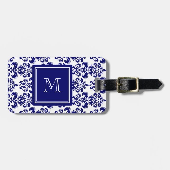 Étiquette À Bagage Votre monogramme, motif 2 de damassé de bleu (Devant horizontal)