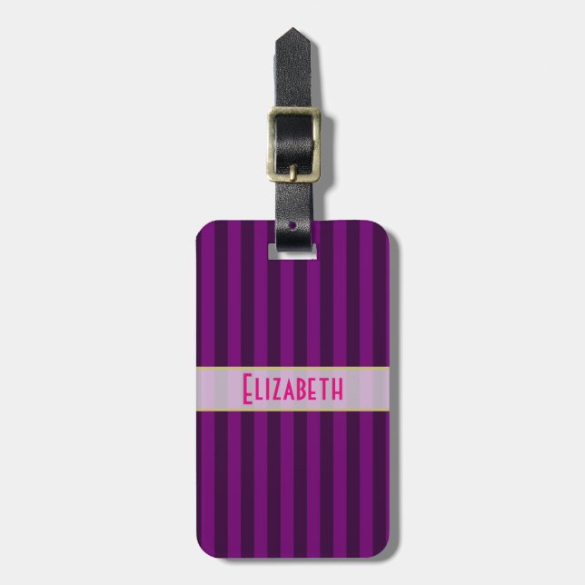 Étiquette À Bagage Votre nom personnalisé sur un Motif rayé violet (Devant Vertical)