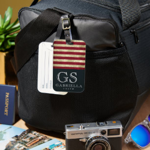 Étiquette À Bagage Voyage aux États-Unis Monogramme Nom Rayure Blanch
