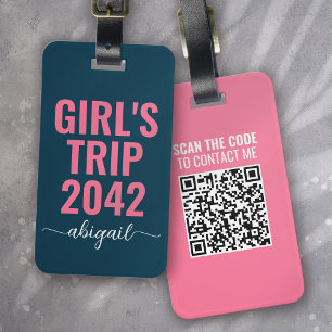 Étiquette À Bagage Voyage de fille bleu rose calligraphie QR Code