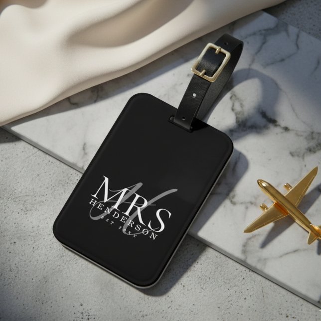Étiquette À Bagage Voyage des jeunes mariés en monogramme de script m (Modern Script Monogram Newlyweds Travel Luggage Tag)