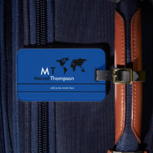 Étiquette À Bagage Voyage Monogramme élégant et moderne Bleu Classiqu