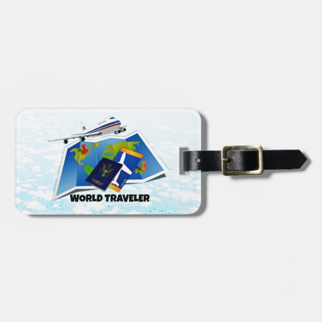 Étiquette À Bagage Voyageur du monde - Carte, passeport et billets (Devant horizontal)