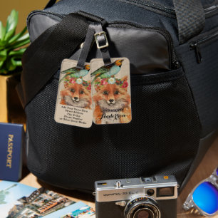 Étiquette À Bagage Watercolor Fox Floral Collage Nom personnalisé