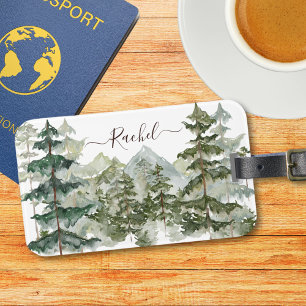 Étiquette À Bagage Watercolor Pine Forest et Mountain Rustic