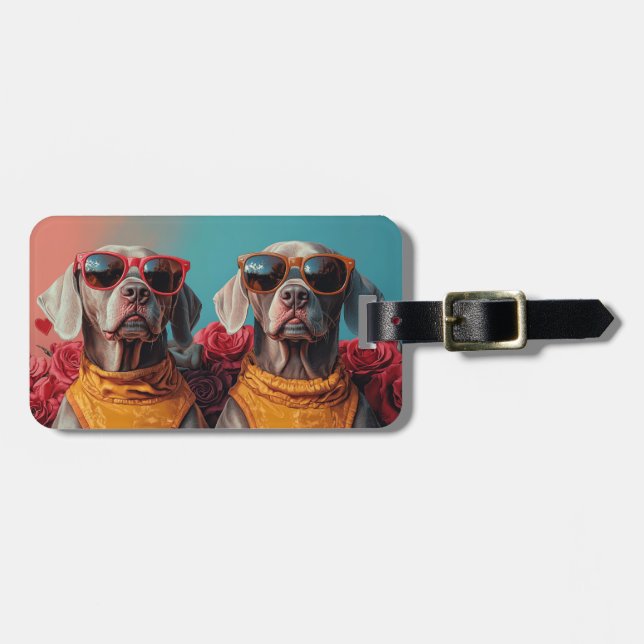 Étiquette À Bagage Weimaraner avec le coeur Roses Saint Valentin (Devant horizontal)