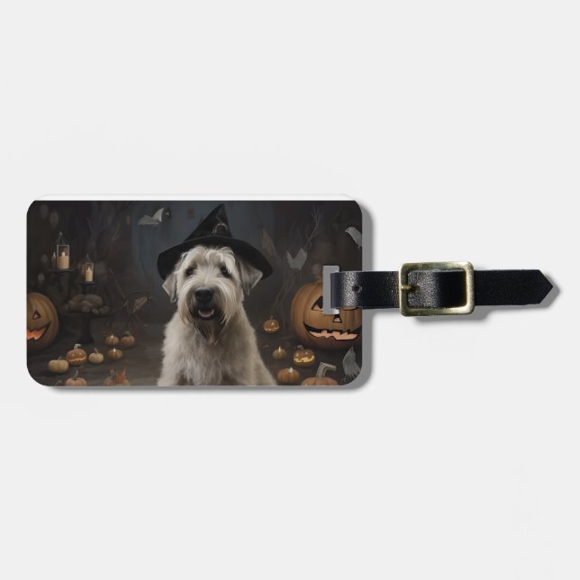 Étiquette À Bagage Wheaten Terrier Citrouille Halloween effroi (Devant horizontal)