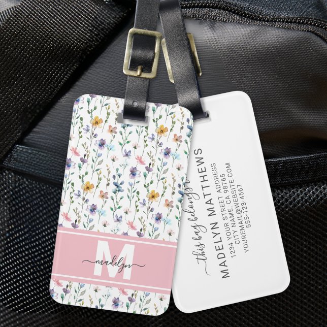 Étiquette À Bagage Wildflower Monogram (Elegant Watercolor Wildflower Monogram Luggage Tag)