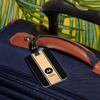 Étiquette À Bagage Wood Vertical Stripe Monogrammed Black