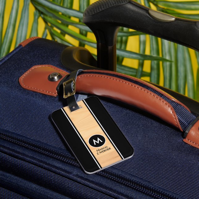 Étiquette À Bagage Wood Vertical Stripe Monogrammed Black (Insitu Rectoal 1)