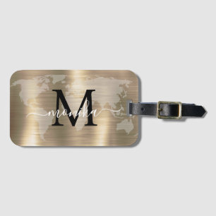 Étiquette À Bagage World Traveller Gold Foil Map Nom du monogramme pe