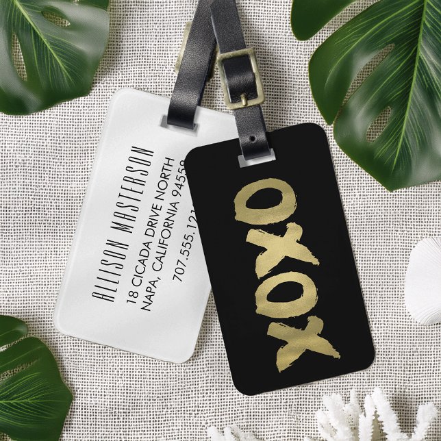 Étiquette À Bagage XOXO Faux Gold & Black Modern Chic (Créateur téléchargé)
