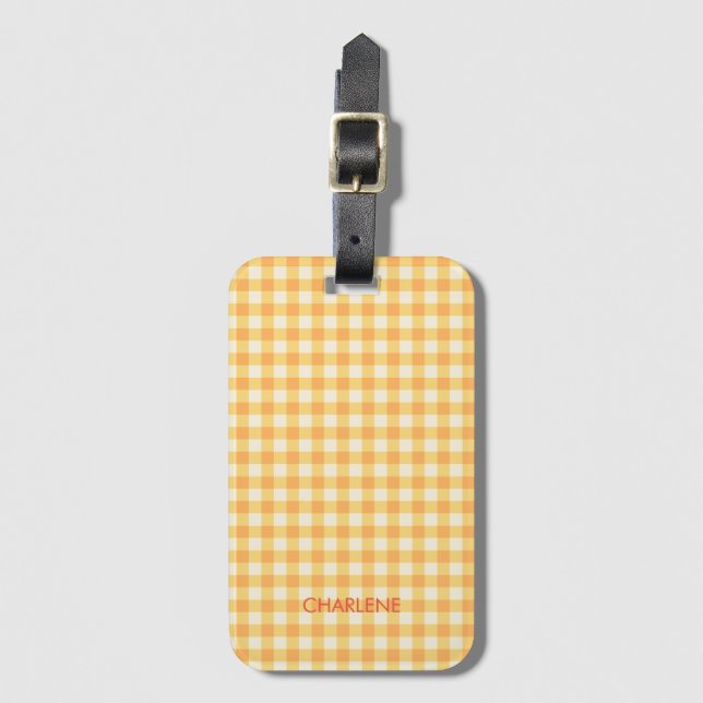 Étiquette À Bagage Yellow Orange Ish Preppy En vichy Plaid (Devant Vertical)