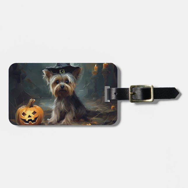 Étiquette À Bagage Yorkshire Terrier Citrouilles Halloween effrayant (Devant horizontal)