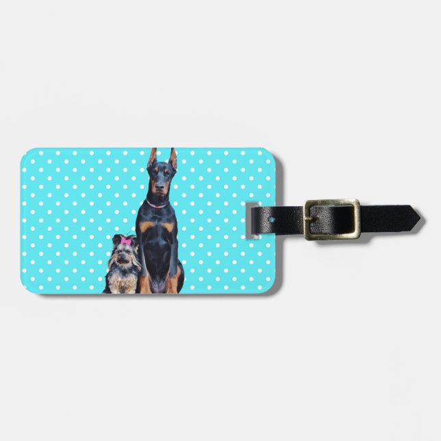 Étiquette À Bagage Yorkshire Terrier Doberman Pois bleus (Devant horizontal)