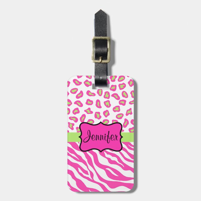 Étiquette À Bagage Zèbre rose et blanc & Peau Cheeta Personnalisé (Devant Vertical)