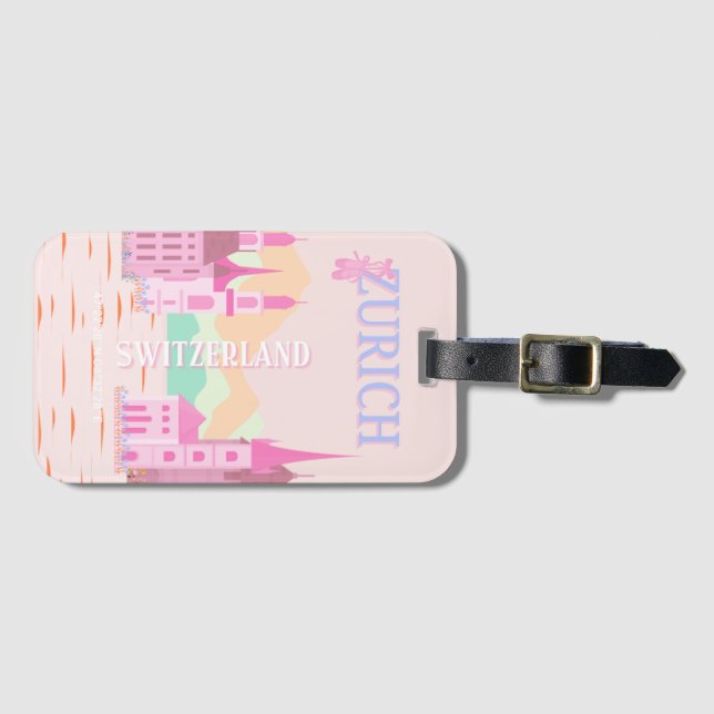 Étiquette À Bagage Zurich Travel Art, Suisse, Pink Retro Travel (Devant Horizontal)