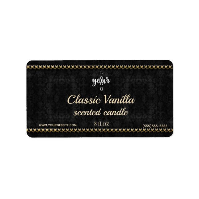 Étiquette à bougie parfumé en damas noir pointu en (Devant)