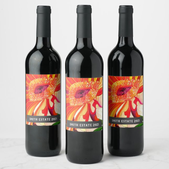 Étiquette à vin d'art floral orné d'orange gerbera (Bouteilles)