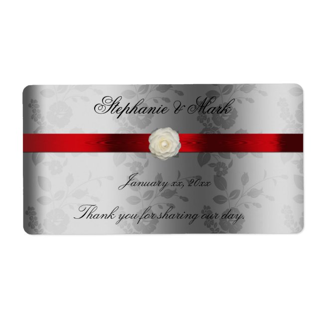 Étiquette à vin mariage avec ruban rouge sur argen (Devant)