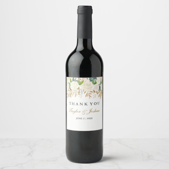 Étiquette à vin Mariage Merci feuille or Floral (Devant)