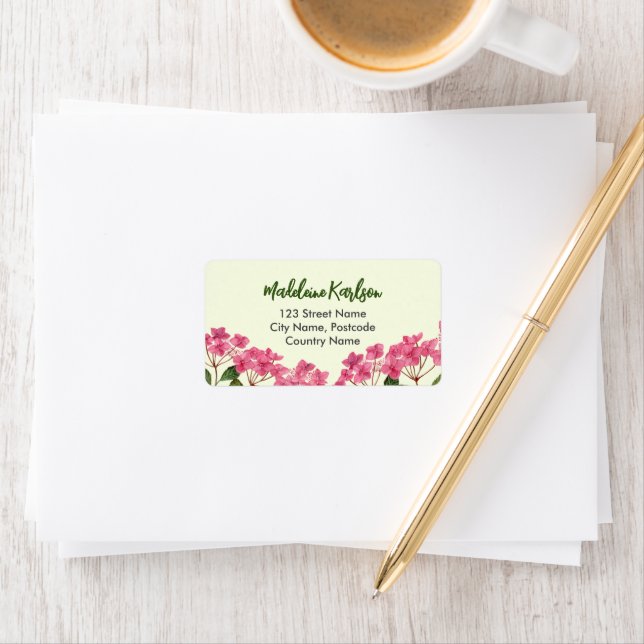 Étiquette Adresse Aquarelle rose Hydrangea Lacecaps (En situation)