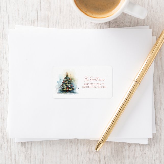 Étiquette Adresse de l'arbre de Noël de l'aquarelle (En situation)