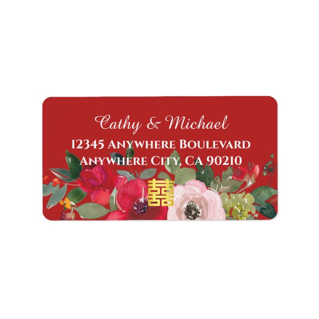 Étiquette Adresse de retour du mariage chinois rose rouge (Devant)