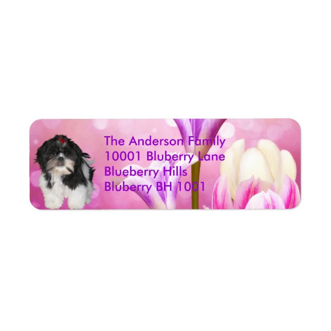 Étiquette Adresse de retour Shih Tzu & Flowers (Devant)