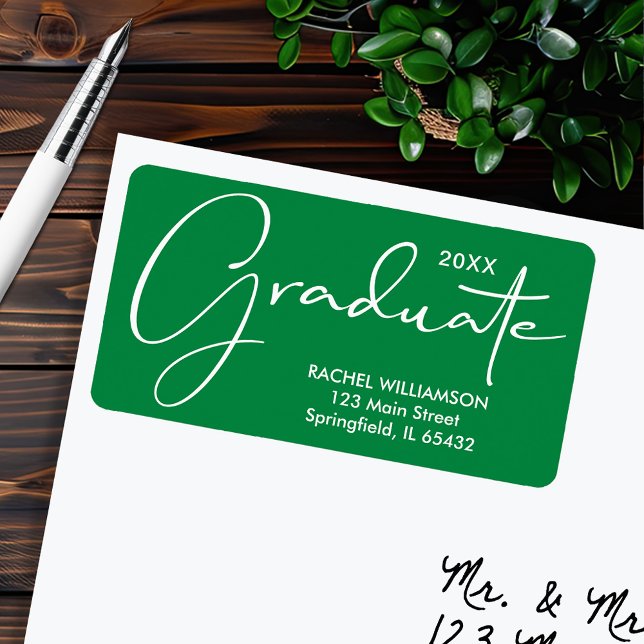 Étiquette Adresse de retour verte du script de graduation (Graduation Script Green Return Address Labels)