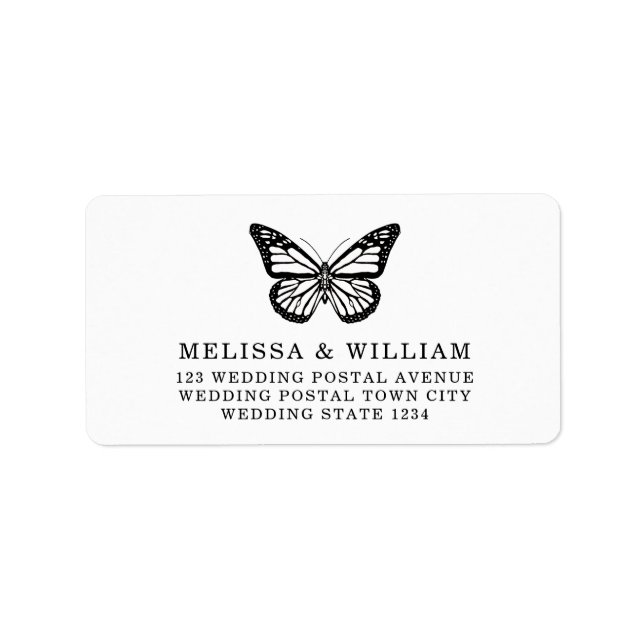 Étiquette Adresse du Mariage du papillon noir et blanc (Devant)