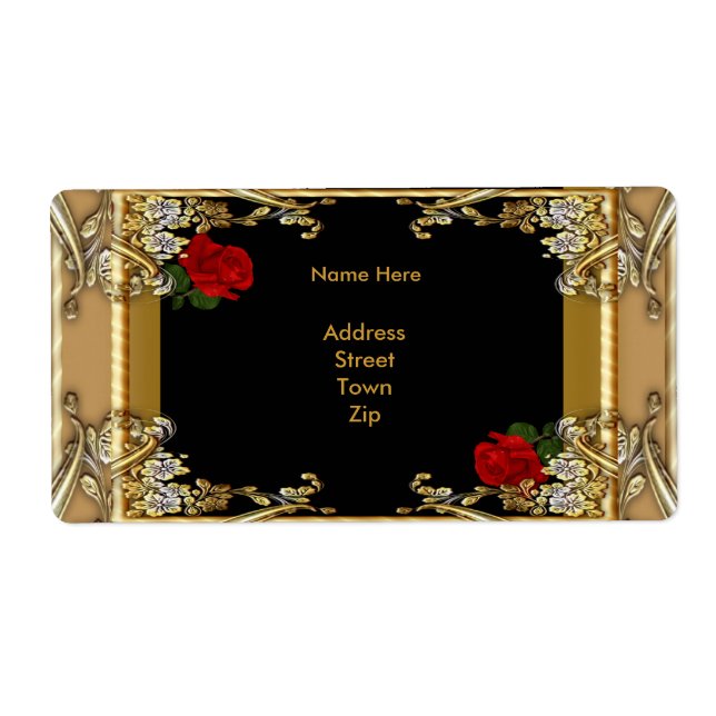 Étiquette Adresse Elegant Black Gold Red Rose (Devant)