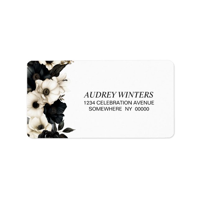 Étiquette Adresse florale noire et blanche (Devant)