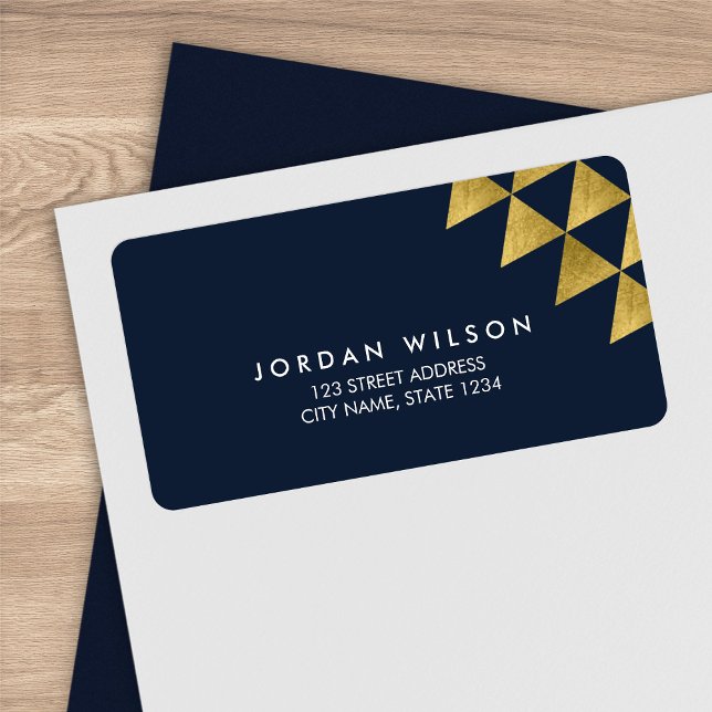 Étiquette Adresse géométrique Chic Blue Faux Gold Triangle (Créateur téléchargé)