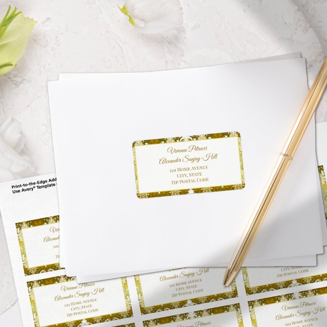Étiquette Adresse Retro Gold Green Mariage damassé (Créateur téléchargé)