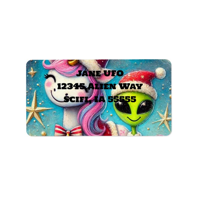 Étiquette Alien de Noël festif et licorne (Devant)