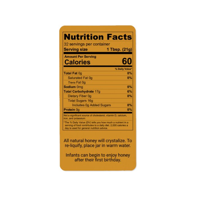 Étiquette Amber Honey Information sur la valeur nutritive (Devant)