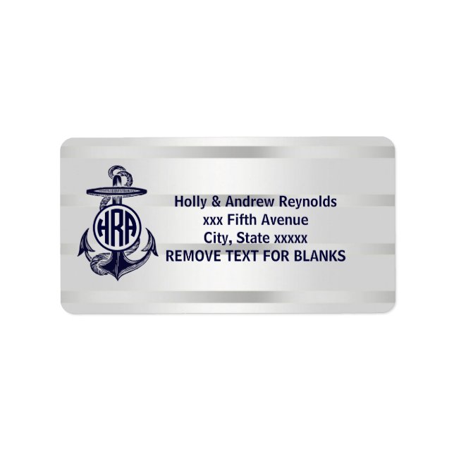 Étiquette Ancre Bleue Argent Blanc Cercle Marine Monogramme  (Devant)