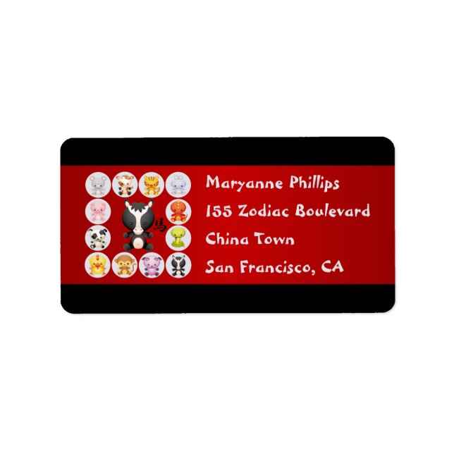 Étiquette Année chinoise Zodiaque du Cheval Rouge et Noir (Devant)