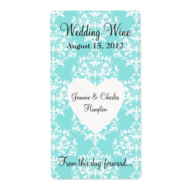 Étiquette Aqua Blue Mariage damassé Mini (Devant)