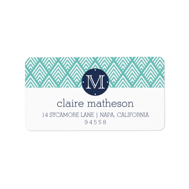 Étiquette Aqua et Navy Preppy Diamond Chevron Monogramme (Devant)