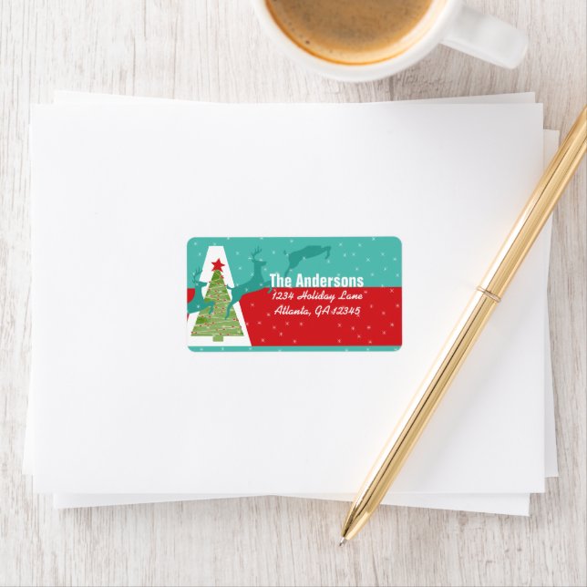 Étiquette Aqua Red Retro Green Reindeer Tree Adresse de reto (En situation)