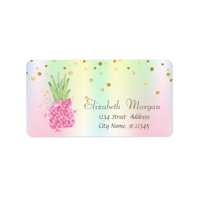 Étiquette Aquarelle Ananas Confetti Holographique (Devant)