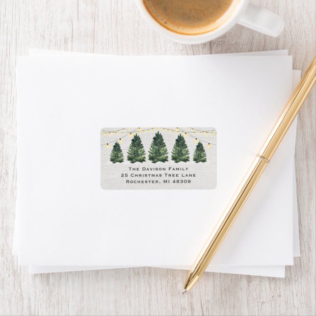 Étiquette Aquarelle Arbre de Noël Ferme Bois Retour Adresse (En situation)