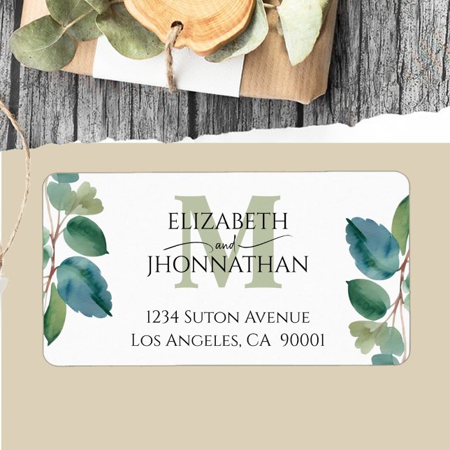 Étiquette Aquarelle bleu vert eucalyptus Monogramme Mariage (Créateur téléchargé)