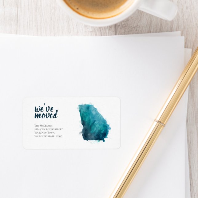 Étiquette Aquarelle bleue déplacée Géorgie (Watercolor blues We've Moved to Georgia return address label)